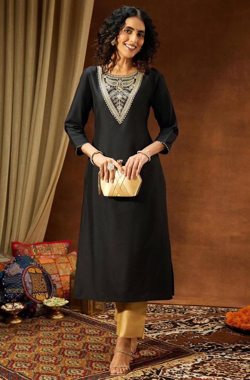 Janasya Women's Black Chanderi Silk Yoke Embroidered Straight Kurta - Image 3